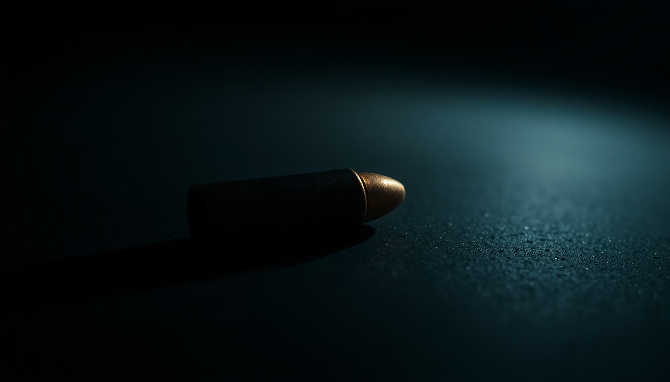 An extreme close-up of a single spent bullet casing on a dark surface, the harsh lighting and stark contrast creating a gritty, investigative aesthetic that conceptually represents the violent nature of this crime.