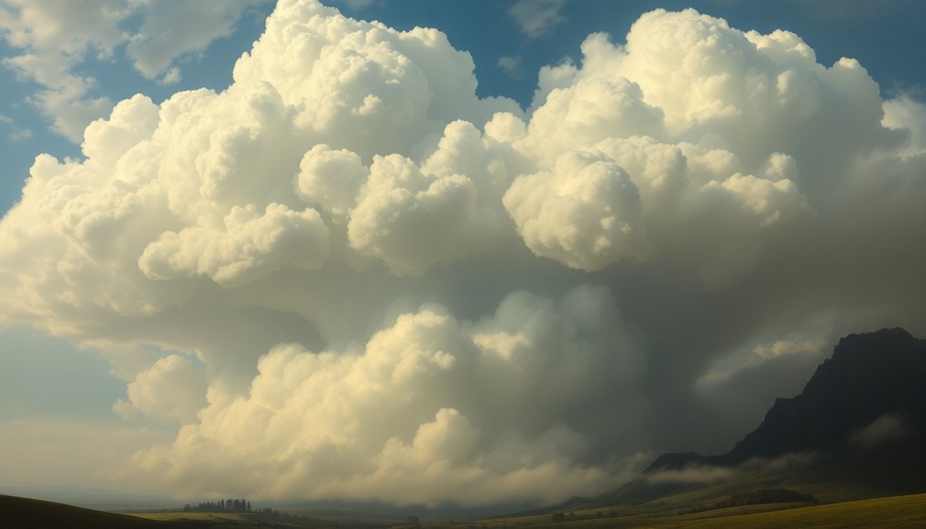 A sweeping, atmospheric landscape painting in muted earth tones, with a massive, swirling cloud formation dominating the frame and obscuring the details of the landscape below, conveying the overwhelming power of nature.