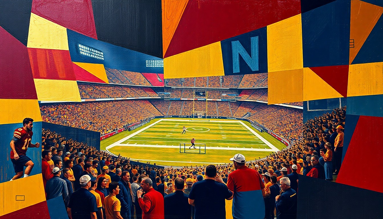 A fragmented, geometric painting depicting a football stadium, players, and coaches in a palette of garnet, gold, and navy blue, conceptually representing the legacy of legendary Florida State University coach Bobby Bowden.