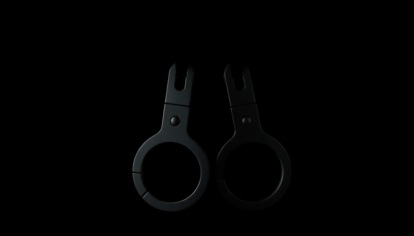 An extreme close-up of a pair of metal handcuffs against a stark black background, conceptually representing the arrest of a former child celebrity.