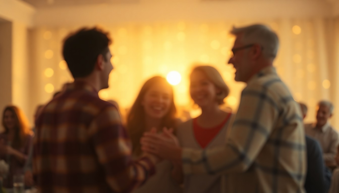 An extremely abstracted, out-of-focus photograph of a warm, intimate family gathering, with blurred figures embracing and laughing against a backdrop of soft, glowing light, conceptually representing the vibrant personality and deep love that defined Glenda Junkin's life.