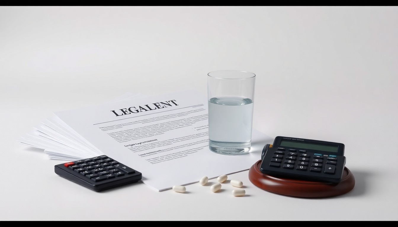 A minimalist studio still-life photograph featuring a stack of legal documents, a calculator, and a glass of water on a clean, monochromatic background, symbolizing the burdens faced by corporations navigating the opioid crisis.
