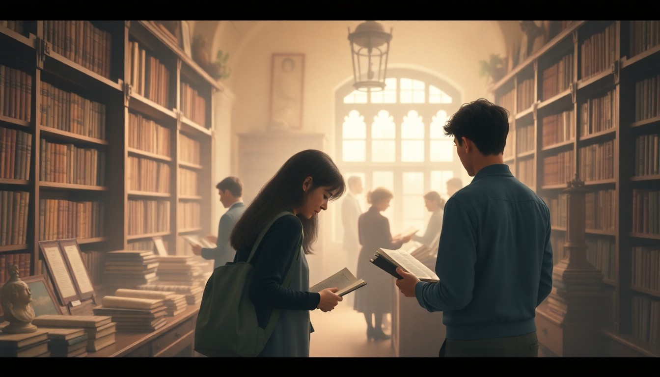 An abstract, impressionistic scene of blurred library shelves, books, and people's silhouettes in warm, muted tones, conveying a sense of community, learning, and nostalgia.