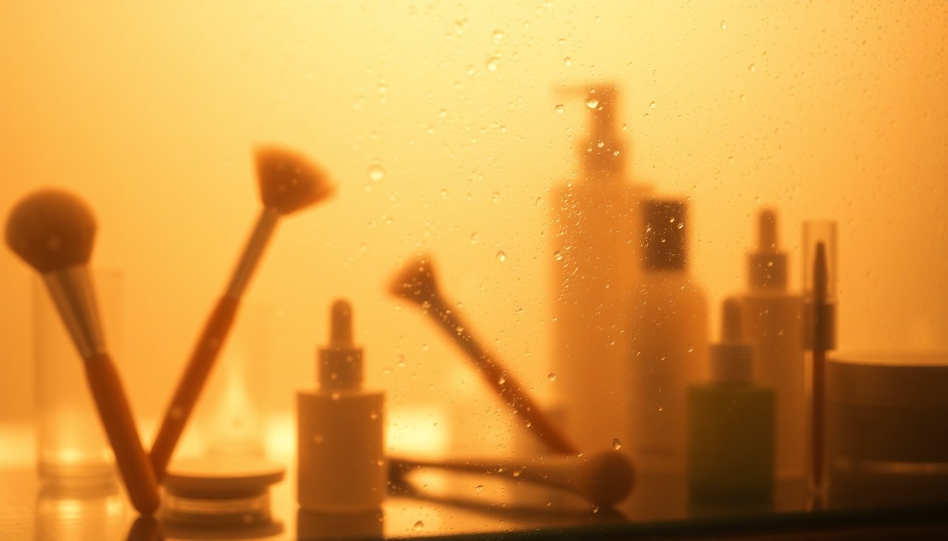 An extremely abstracted, out-of-focus photograph shot through condensation or rain-streaked glass, composed entirely of blurred silhouettes of makeup brushes, skincare bottles, and other beauty tools in pools of hazy, golden light, conceptually representing the integration of sun protection and cosmetic routines.