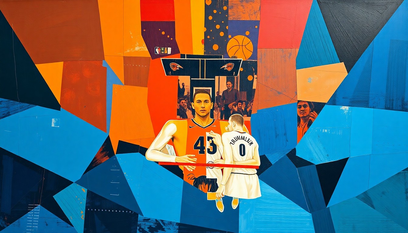 A cubist, geometric painting depicting a basketball game in progress, with the players and court broken down into sharp, overlapping shapes in the team colors of the Oklahoma City Thunder.