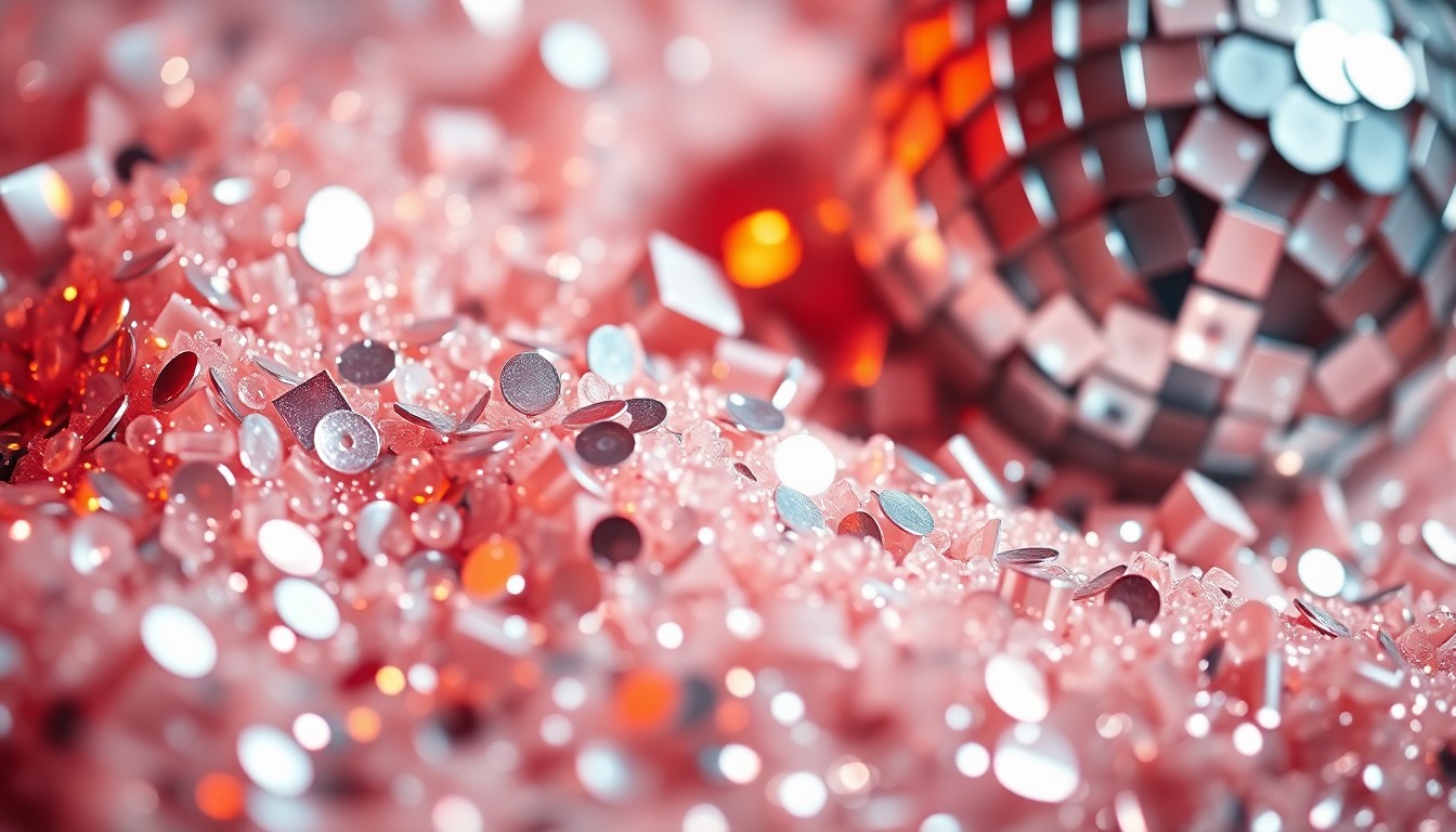 An abstract close-up photograph featuring a dramatic, high-contrast composition of shimmering sequins and shattered disco ball fragments, conveying the glamour and excitement of a major concert tour.