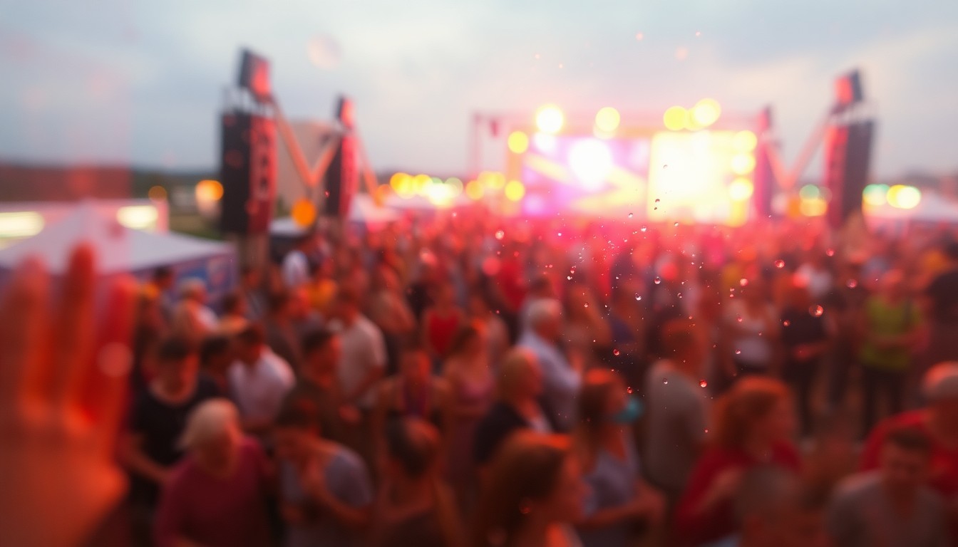 An impressionistic, out-of-focus photograph in warm, soft tones depicting the crowd and atmosphere of a lively music festival, conveying the celebratory mood and sense of community.