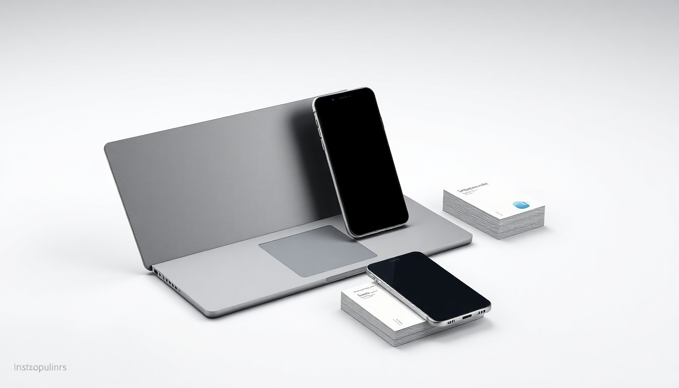 A photorealistic studio still life featuring a laptop, smartphone, and business cards arranged on a clean white background, conceptually representing the tools and data used in email marketing.