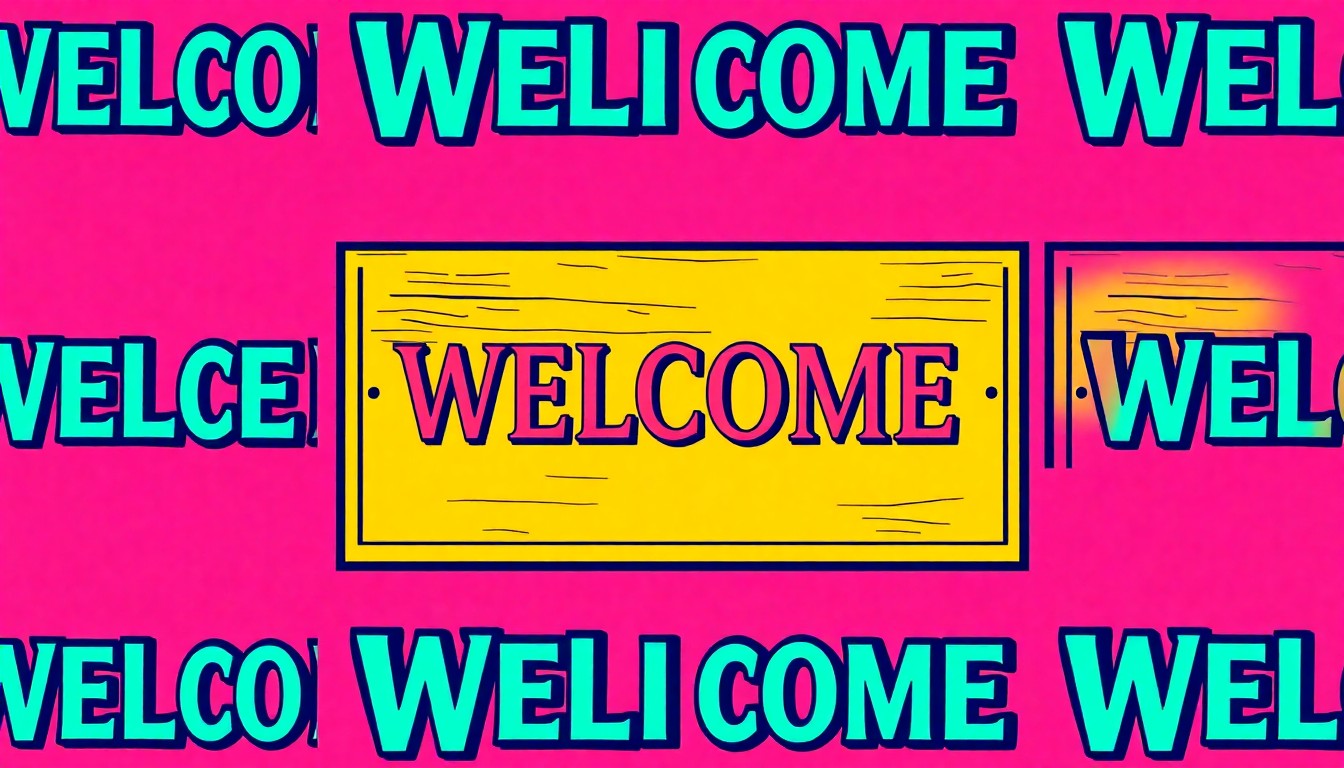 A bold, colorful silkscreen-style illustration featuring a repeated pattern of a wooden welcome sign plaque in neon shades of yellow, purple, and white, capturing the celebratory energy of the community project.