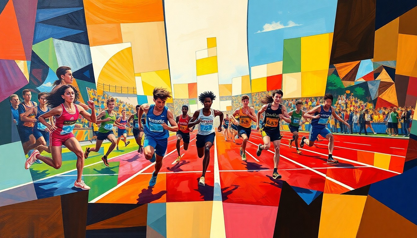 A fragmented, geometric painting depicting athletes in motion during a track and field event, with sharp planes of color and overlapping perspectives conveying the dynamism of the competition.