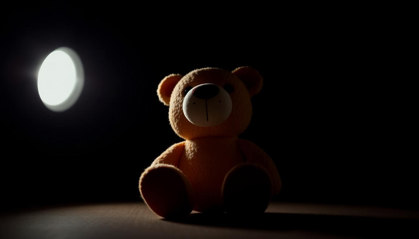 An extreme close-up photograph of a child's stuffed animal toy, lit by a harsh, direct camera flash against a pitch-black background, creating a stark, gritty aesthetic that conceptually represents the serious nature of the child abuse case.