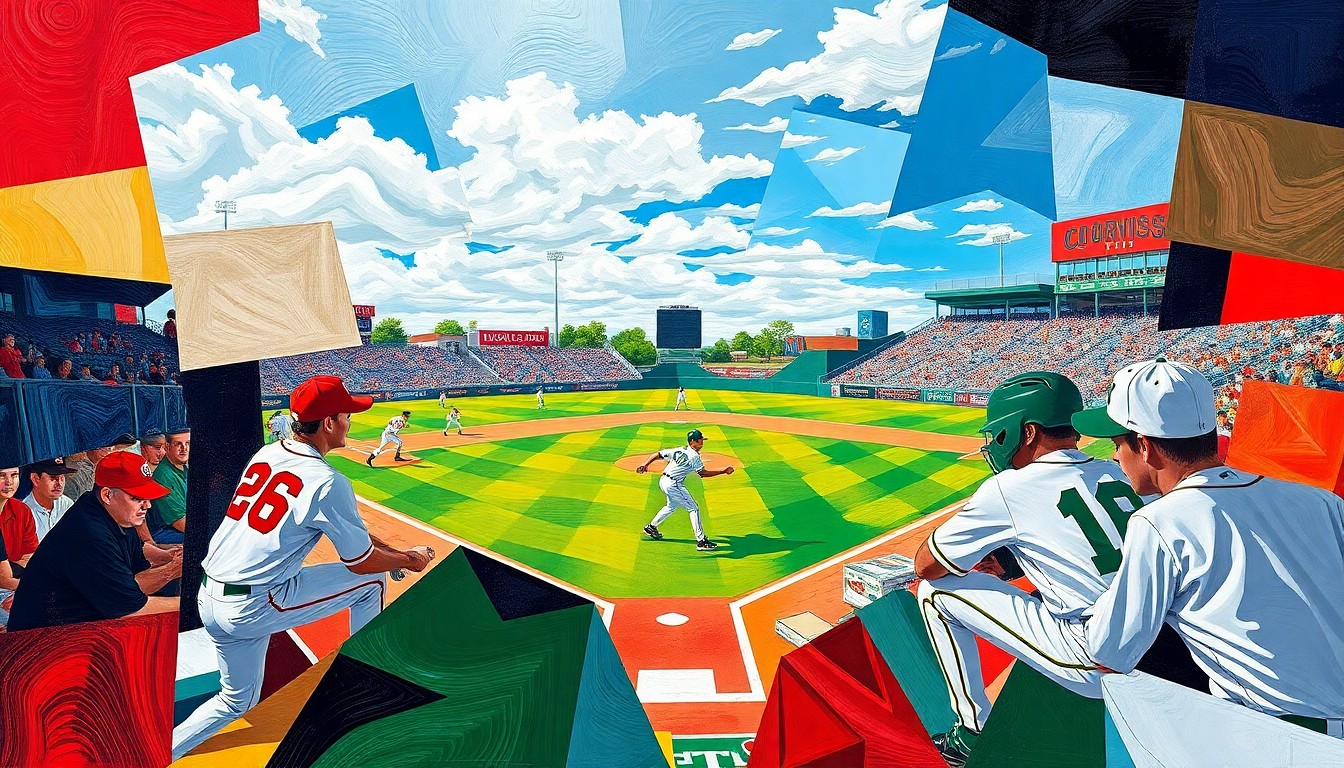 A fractured, multi-perspective painting in bold, geometric shapes and colors representing the competitive spirit and athletic movements of a high school baseball game.