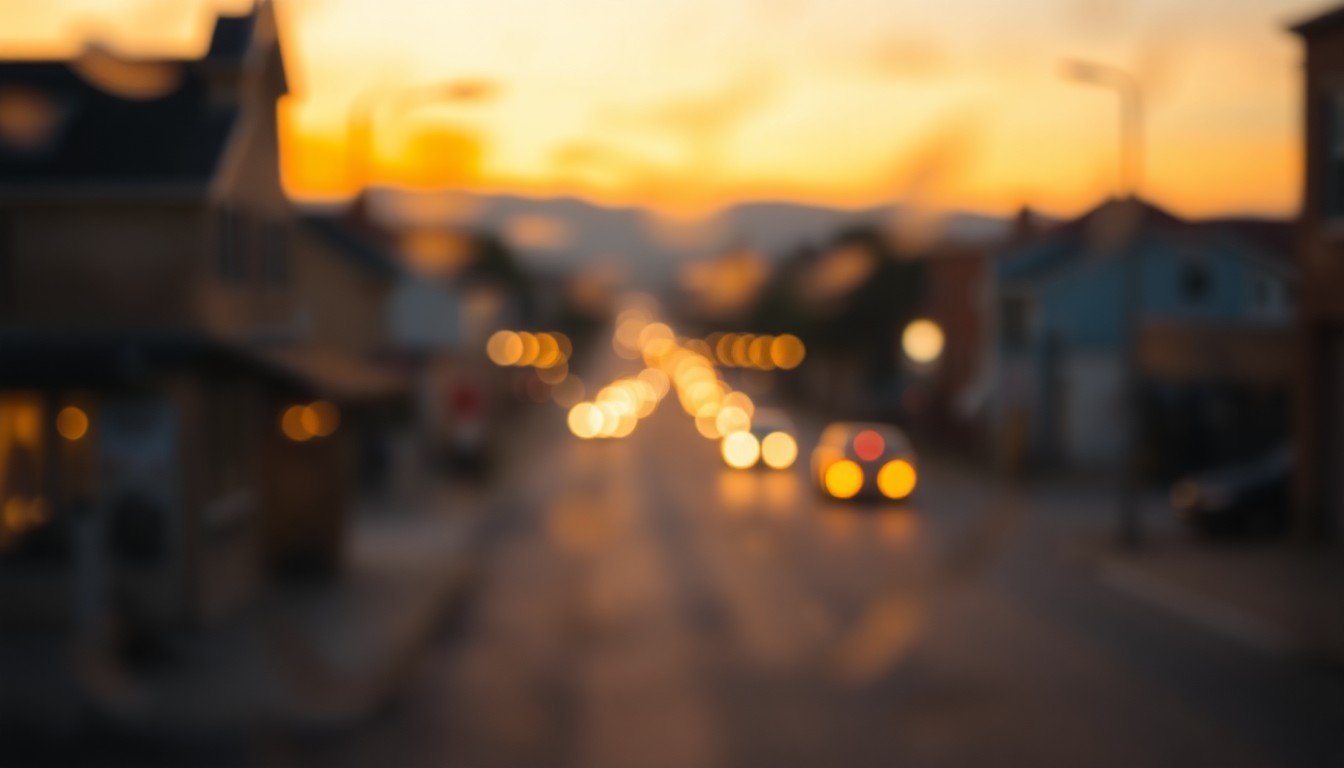 An abstract, impressionistic scene of a small-town main street at dusk, with soft, hazy pools of warm amber and golden light blurring the details of the buildings and streetscape, conveying a sense of nostalgic community spirit.