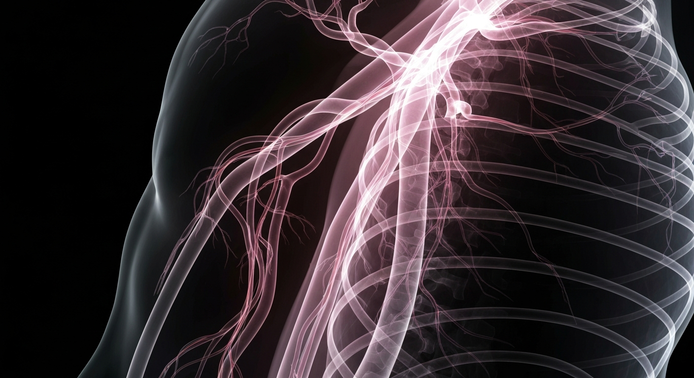 A ghostly, translucent X-ray photograph revealing the intricate network of blood vessels in the human body, symbolizing the complexity and importance of vascular health.