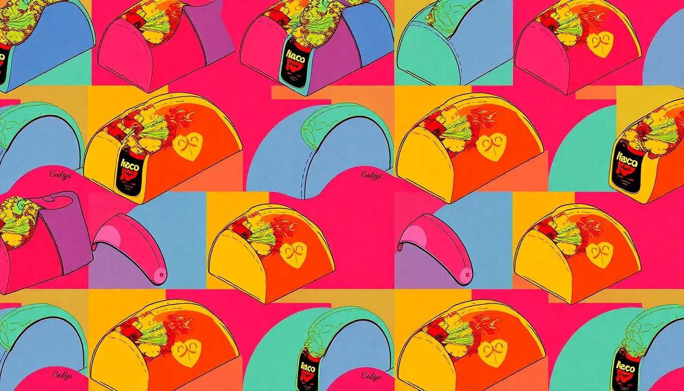 A high-contrast silkscreen print of a classic Mexican food item like a taco or enchilada, repeated in a grid pattern with a vibrant neon color palette, capturing the celebratory spirit of a community honoring its culinary icons.