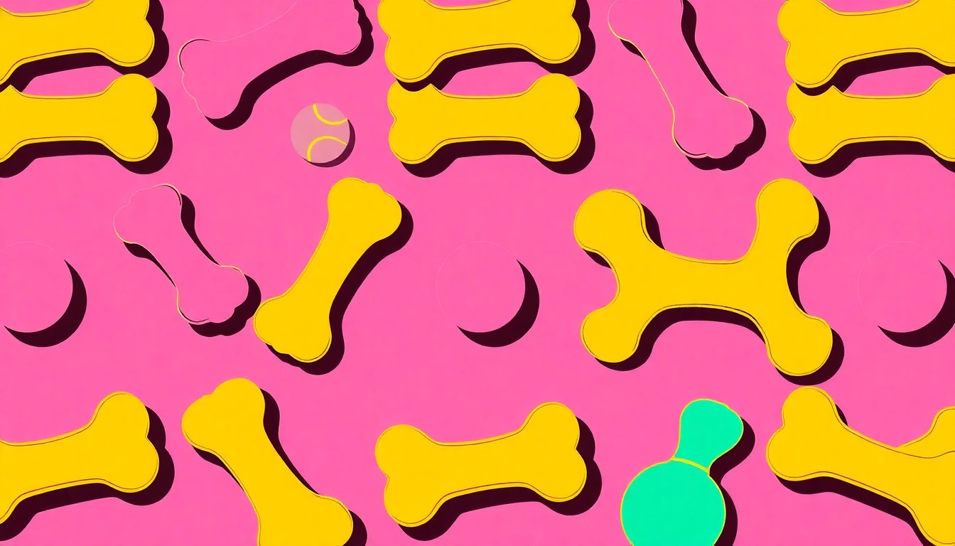 A high-contrast, silkscreen-style illustration featuring a repeating pattern of a bright blue dog chew toy against a neon pink background, conceptually representing the joy and energy of the prison dog training program.