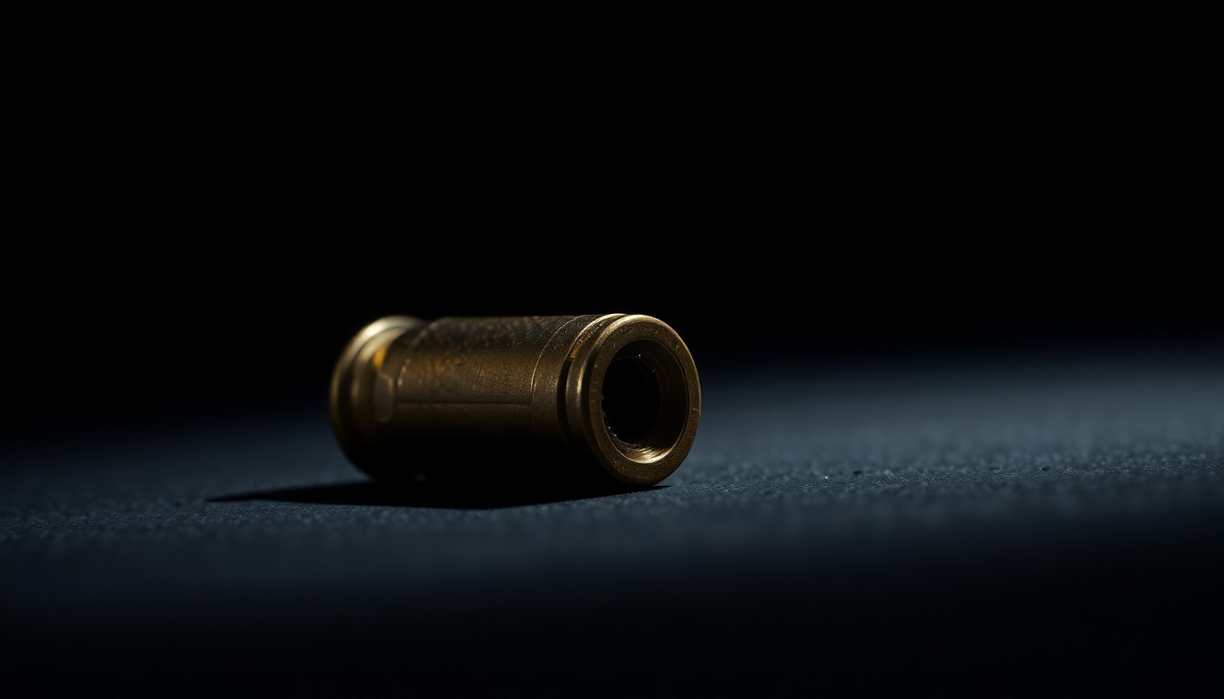 An extreme close-up of a shiny metal shell casing resting on a dark surface, the harsh flash illuminating its textured surface and creating dramatic shadows, conceptually representing the aftermath of a firearm-related incident.