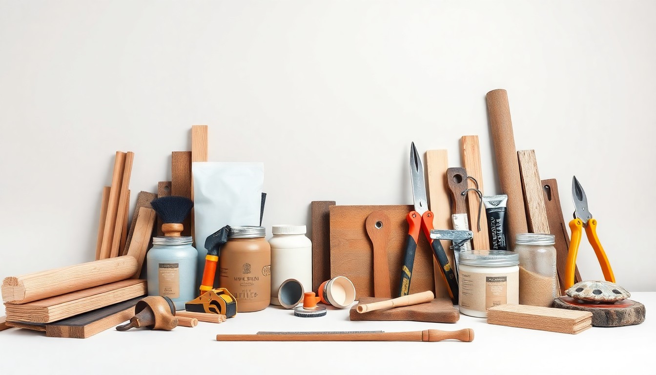 A high-end, photorealistic studio still-life featuring a collection of construction materials and tools arranged elegantly on a clean, monochromatic background, conceptually representing the craftsmanship and expertise of the homebuilding industry.