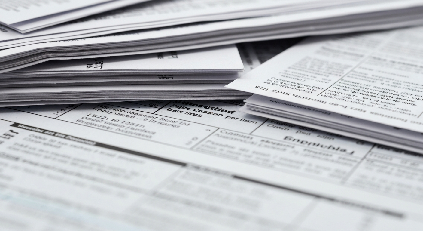 An extreme close-up of a stack of textured tax forms and financial documents, conveying the complex and weighty nature of tax season without using any text or identifiable branding.