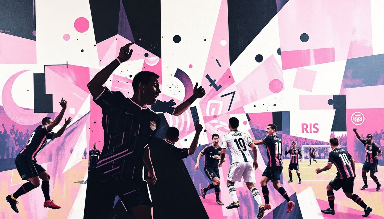 A cubist, geometric painting depicting a fragmented soccer celebration, with sharp planes of pink, black, and white colors representing the official colors of Inter Miami CF.
