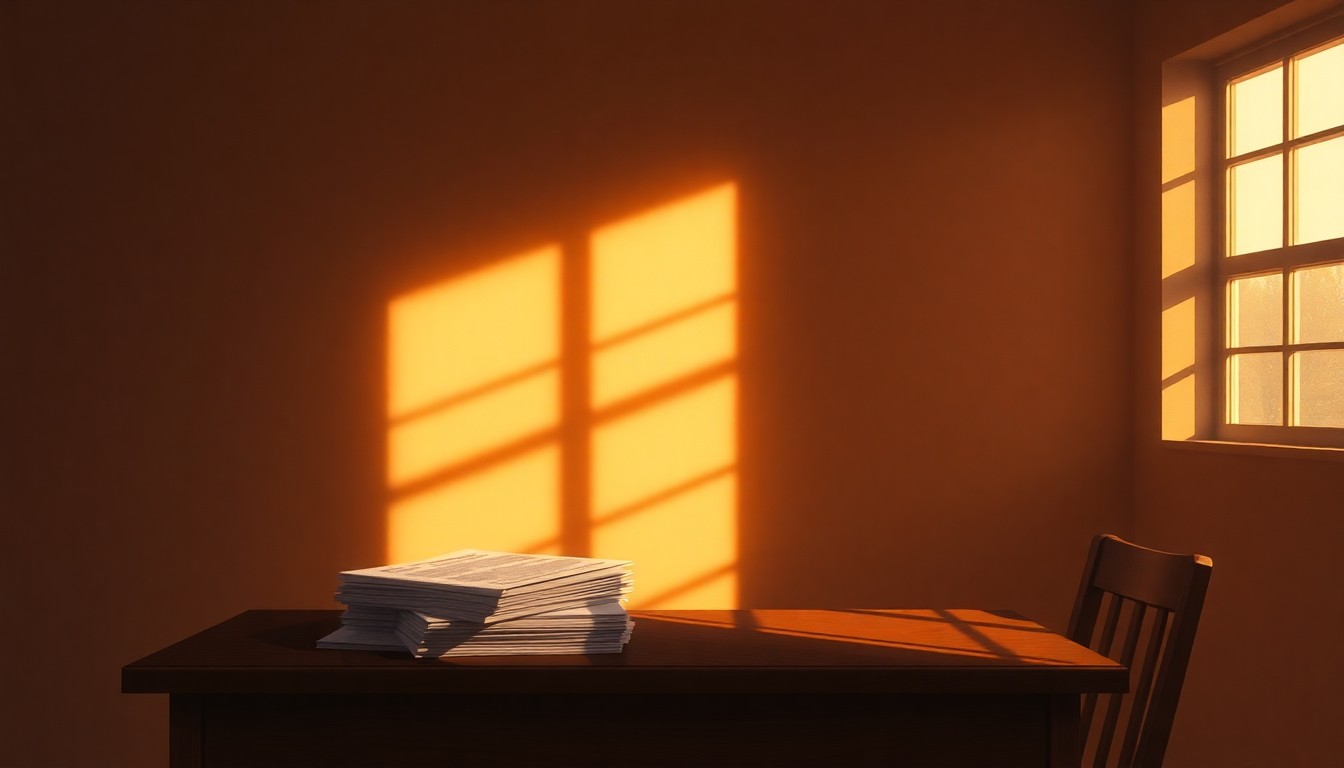 A serene, textured oil painting depicting a simple desk with a stack of application forms, bathed in warm, directional light and deep shadows, conveying a sense of bureaucratic process and administrative tension around the Texas private school voucher program.