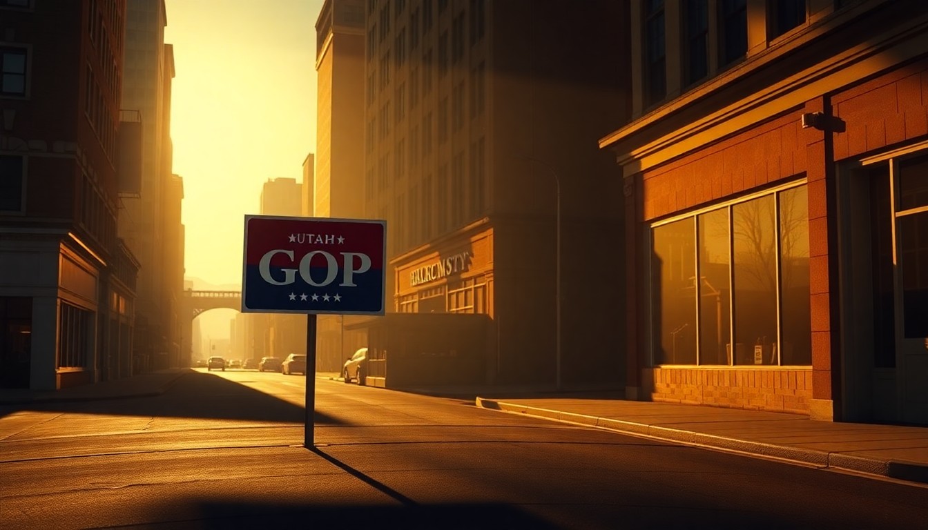 A photorealistic painting in the style of Edward Hopper, depicting a lone Utah GOP logo sign standing on a quiet city street, with warm sunlight and deep shadows creating a contemplative, cinematic mood.