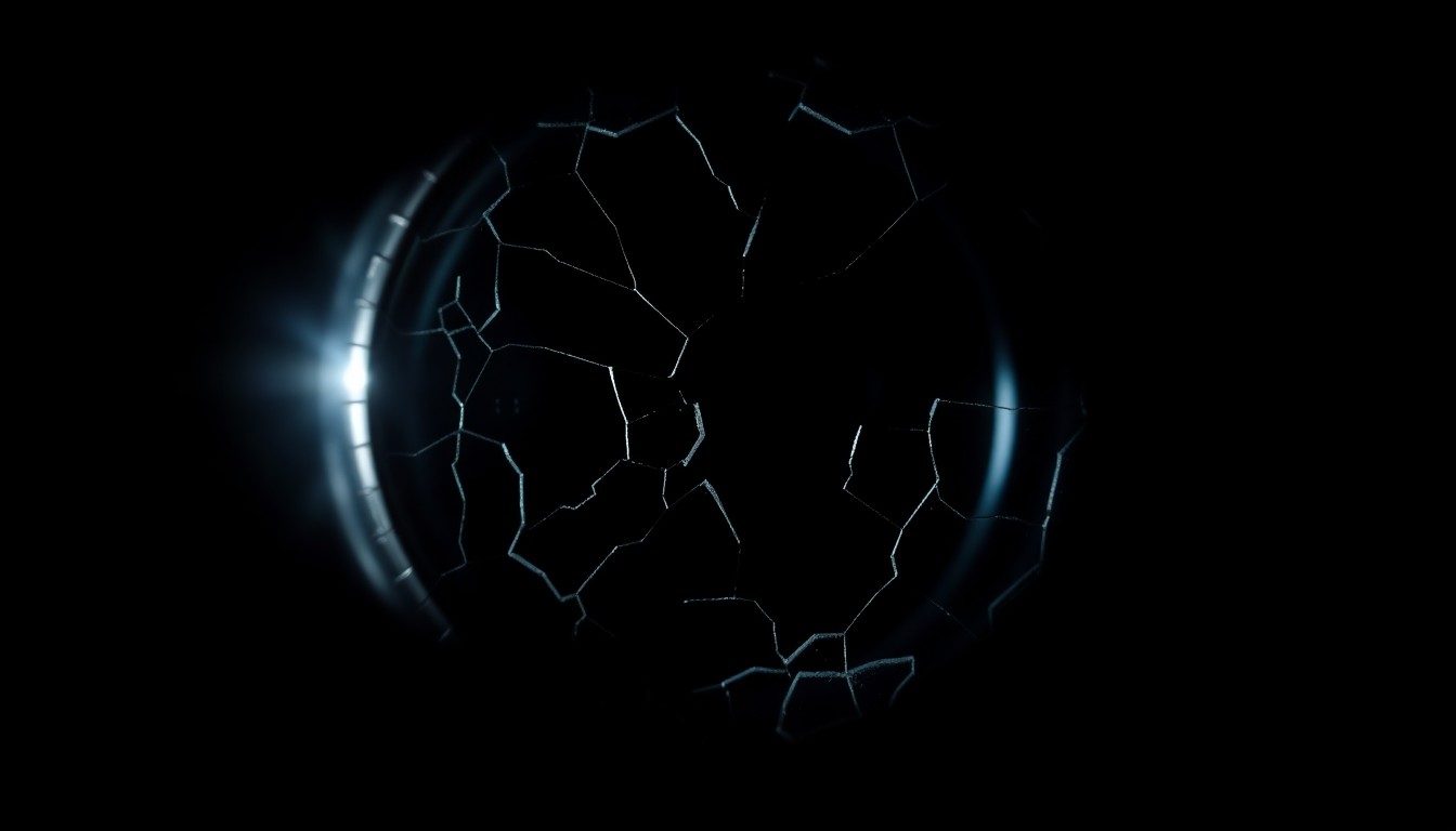 An extreme close-up of a shattered car sensor lens reflecting a faint red light, conceptually illustrating the vandalism of self-driving cars.