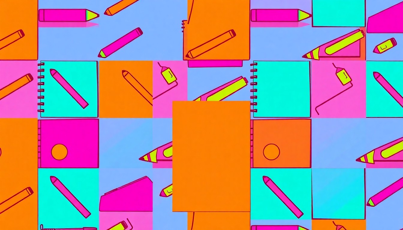 A brightly colored, high-contrast silkscreen print of a single, iconic school supply item repeated in a tight grid pattern, conceptually representing the community-driven process of improving educational infrastructure.