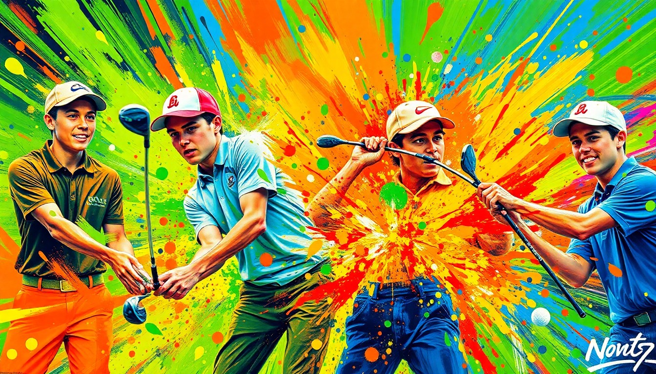 An abstract expressionist painting featuring vibrant neon brushstrokes and splatters of color, capturing the dynamic motion and raw energy of a high school golf tournament.