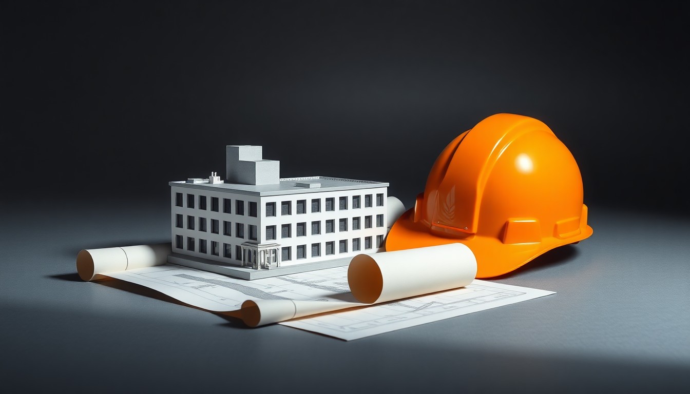 A photorealistic studio still life featuring a polished metal model of a hospital building, a hardhat, and a blueprint scroll, symbolizing the careful planning and management required for a major healthcare construction project.
