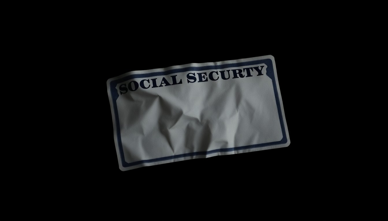An extreme close-up of a crumpled Social Security card reflecting a harsh, direct camera flash, conceptually illustrating the serious nature of identity theft crimes.