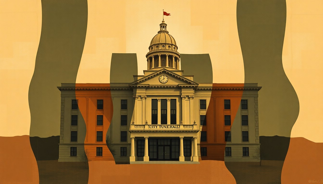 A fractured, abstract painting depicting a government building in Tucumcari, New Mexico, with overlapping geometric shapes and waves of earthy tones, conveying a sense of financial instability and urgency.