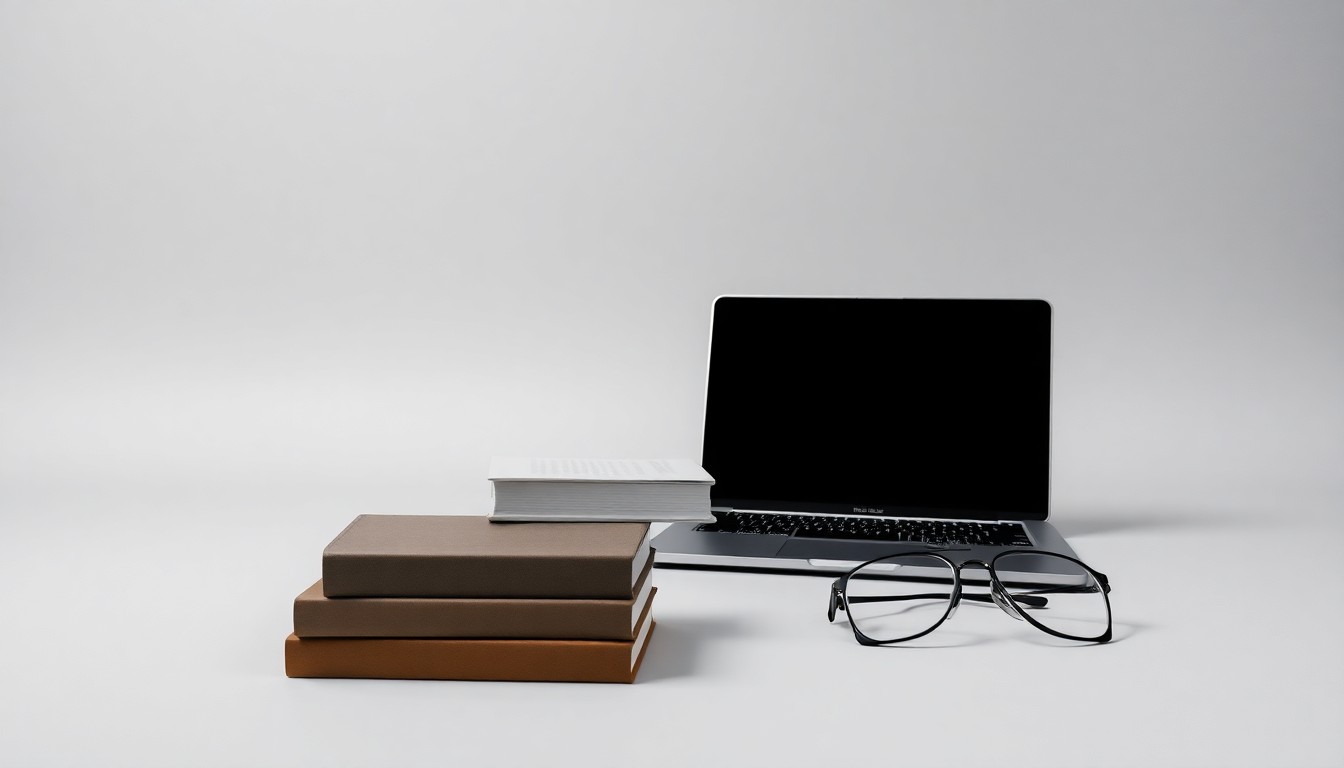 A photorealistic studio still life featuring a stack of hardcover library books, a laptop, and a pair of reading glasses arranged elegantly on a clean, monochromatic background, conceptually representing the importance of digital library services and the enduring value of physical books.