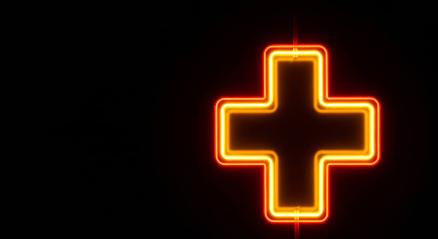 A minimalist design in the style of Keith Haring, where a simple medical cross shape is defined entirely by glowing, vibrant neon lines against a deep, dark background, emphasizing the shape and energy of the healthcare subject.