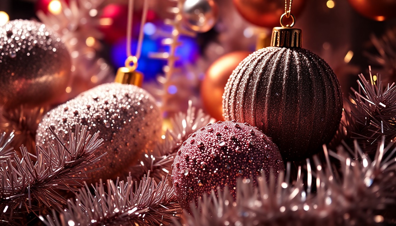 An abstract close-up photograph of shimmering, textured Christmas ornaments and tinsel, captured in dramatic studio lighting to create a high-fashion, glamorous aesthetic that reflects the theatrical nature of a holiday movie musical.