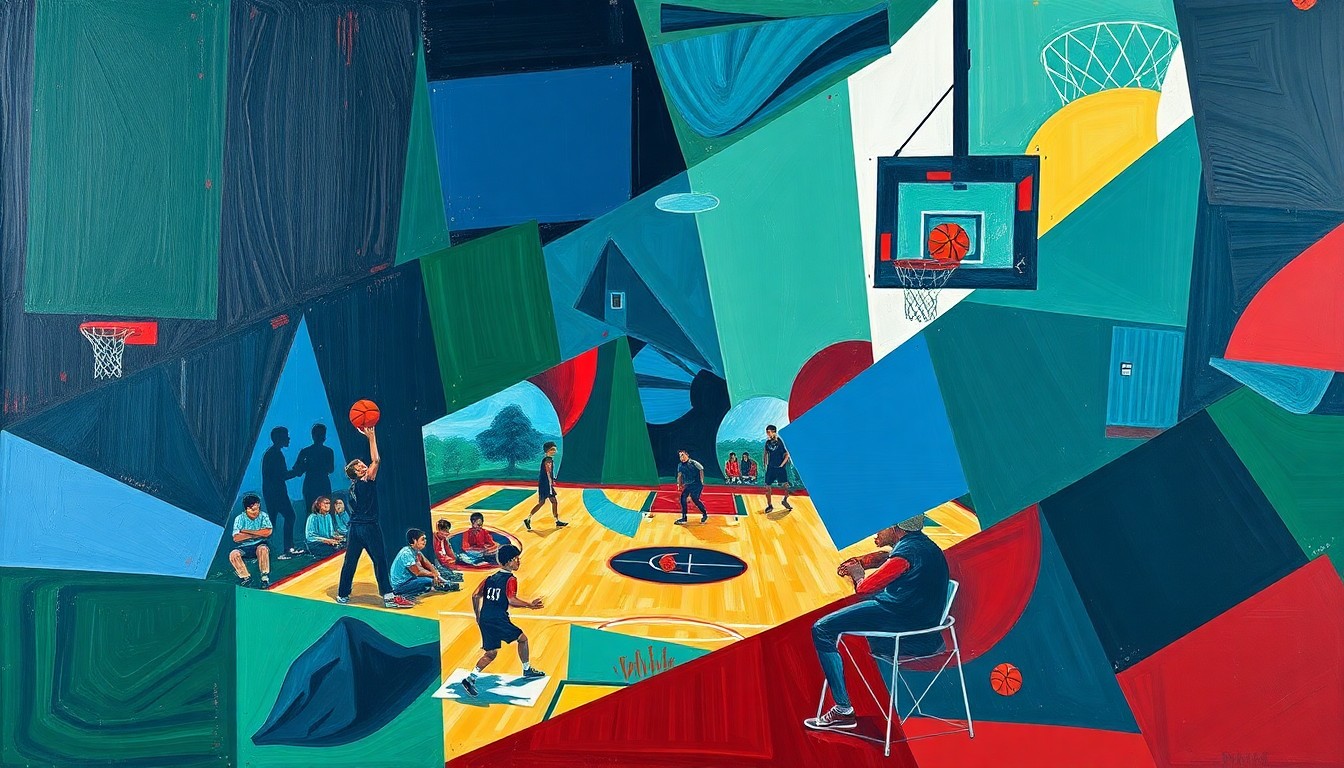 A fragmented, cubist-style painting depicting a high school basketball game, with the players and court broken down into sharp, overlapping geometric shapes in a palette of deep blues, greens, and reds, conveying the intensity and movement of the sport.