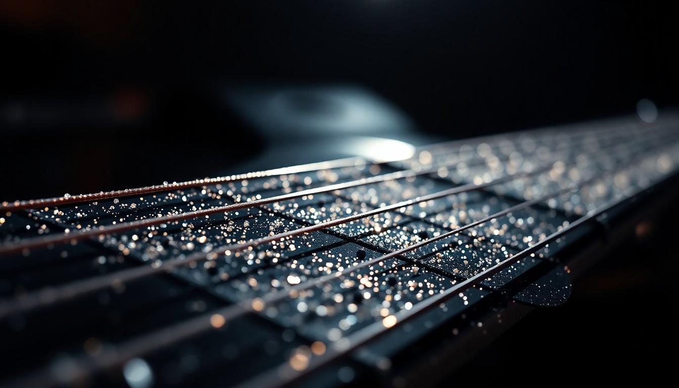 An extreme close-up photograph of shimmering, glittery guitar strings bathed in dramatic, high-contrast studio lighting, conceptually representing the luxurious, high-energy glamour of rock music.