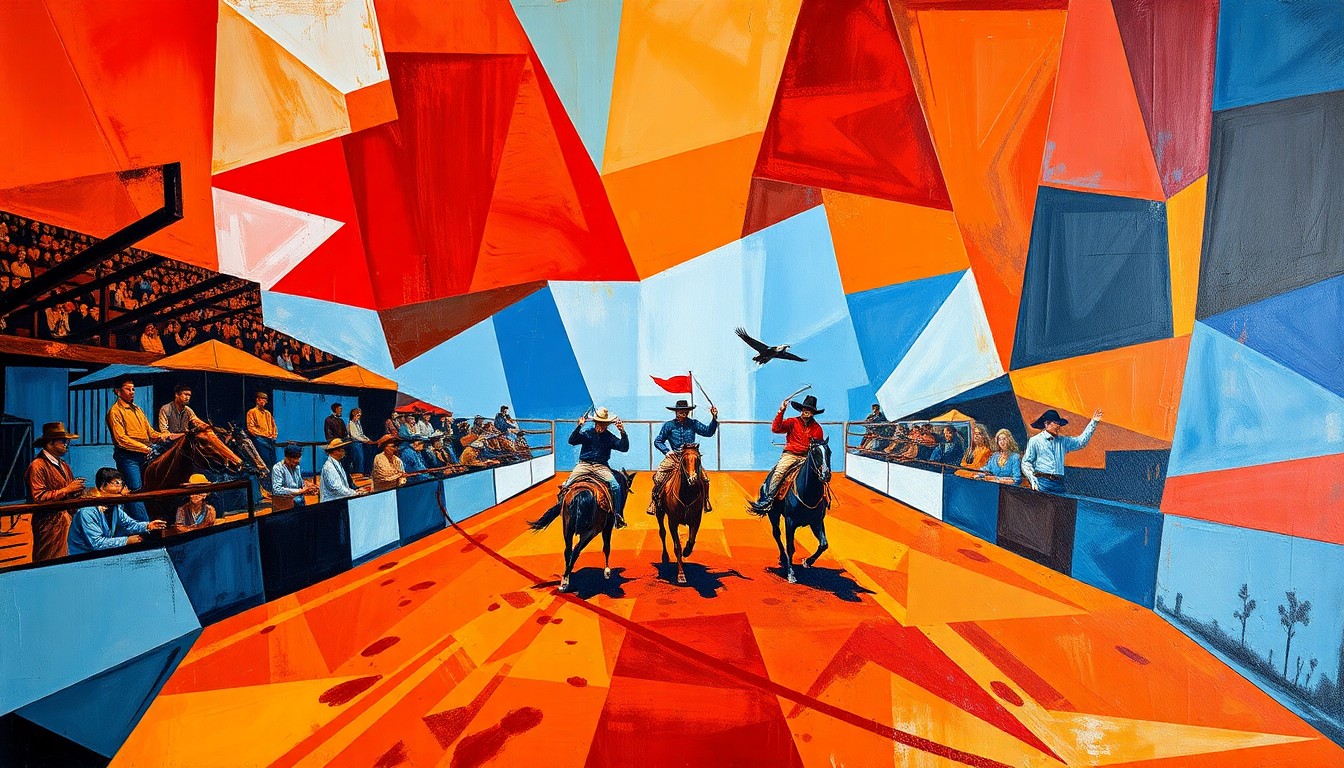 A dynamic, fragmented painting depicting the energy and movement of a rodeo event, with geometric shapes and bold colors capturing the competitive spirit of the Greyhounds' athletes.