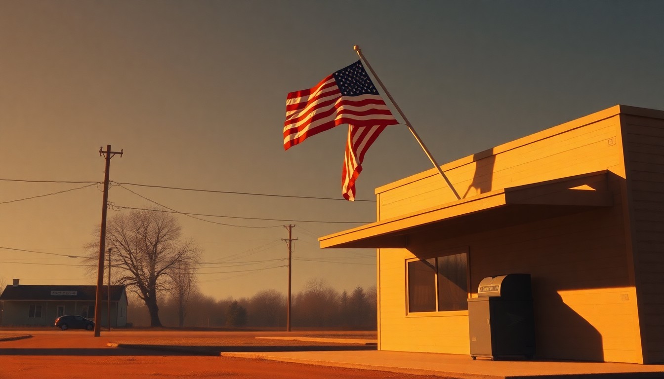 A serene painting of an American flag waving outside a small-town post office, with warm sunlight and deep shadows creating a contemplative, nostalgic mood.