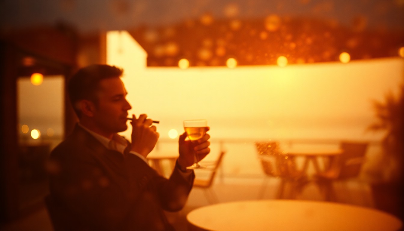 An extremely blurred, impressionistic photograph of an elderly man sitting outdoors, sipping a drink and smoking a cigarette, with the scene rendered in soft, warm tones and hazy, out-of-focus details that evoke a sense of tranquility and reflection.