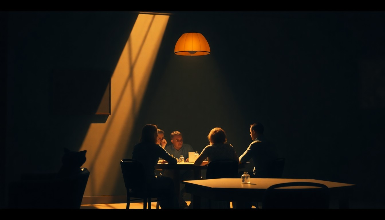 A warm, nostalgic painting depicting a group of people sitting around a table in a dimly lit room, the scene bathed in soft, diagonal sunlight and deep shadows, conceptually representing a political discussion about immigration policy.