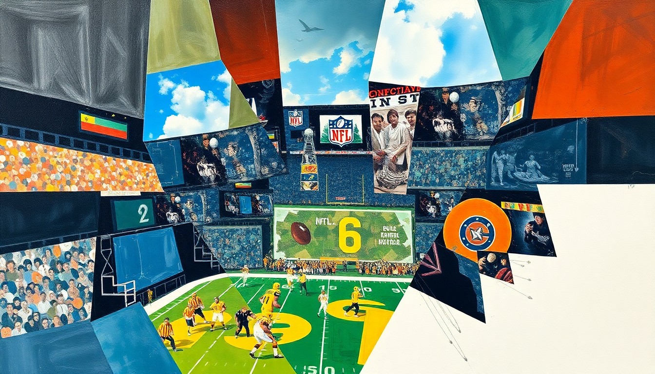 A cubist, geometric painting depicting fragmented football players and equipment, representing the complex decisions facing the Buccaneers as they approach the NFL Draft.