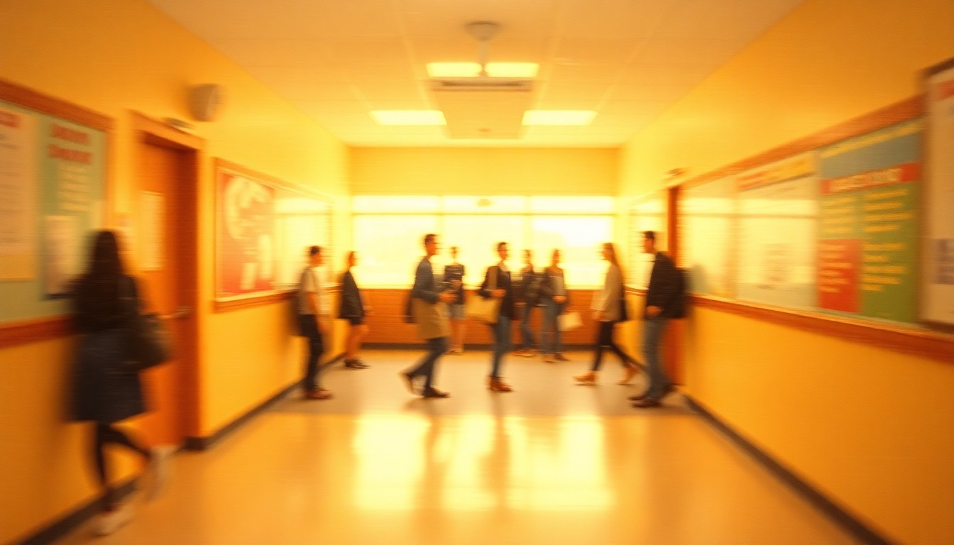 An abstract, hazy photograph of a blurred school hallway or classroom scene, with faint silhouettes of students and teachers, conveying a sense of community and education.