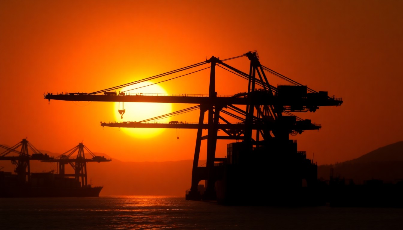 A serene, cinematic painting of a solitary port crane standing tall against a warm, golden sunset sky, its silhouette casting long shadows across the water, conceptually representing the security and infrastructure challenges of hosting a major global event.