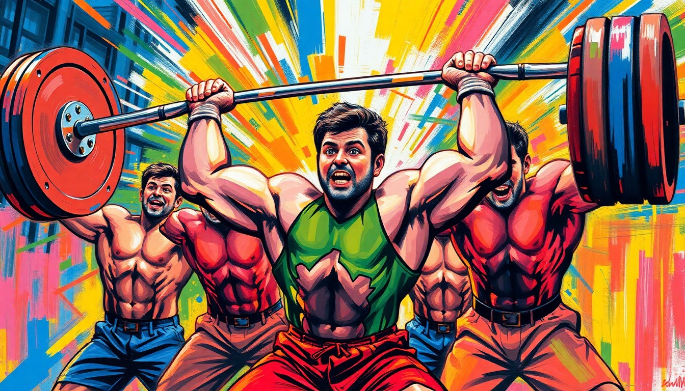 An abstract expressionist painting in neon colors depicting the explosive movements and raw power of high school powerlifters competing at a state championship event.