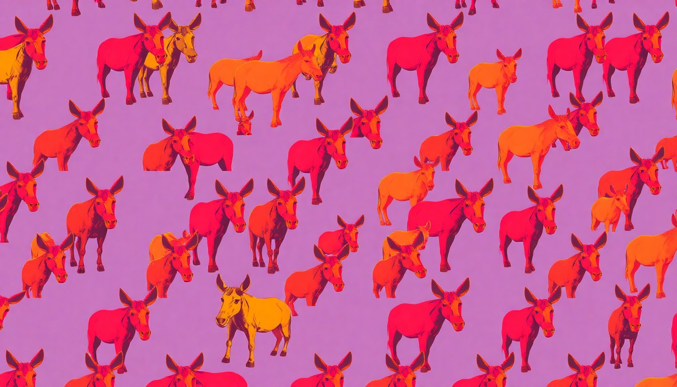 A highly stylized, pop art-inspired illustration featuring a repeating grid of brightly colored, silkscreen-like mule figurines in neon shades of blue, green, and orange, conceptually representing Muleshoe's celebration of its working mule heritage.