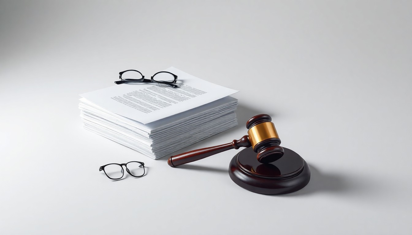 A photorealistic studio still life featuring a stack of legal documents, a gavel, and a pair of reading glasses arranged on a clean, monochromatic background, conceptually illustrating the judicial decision-making process in a bankruptcy appeal.