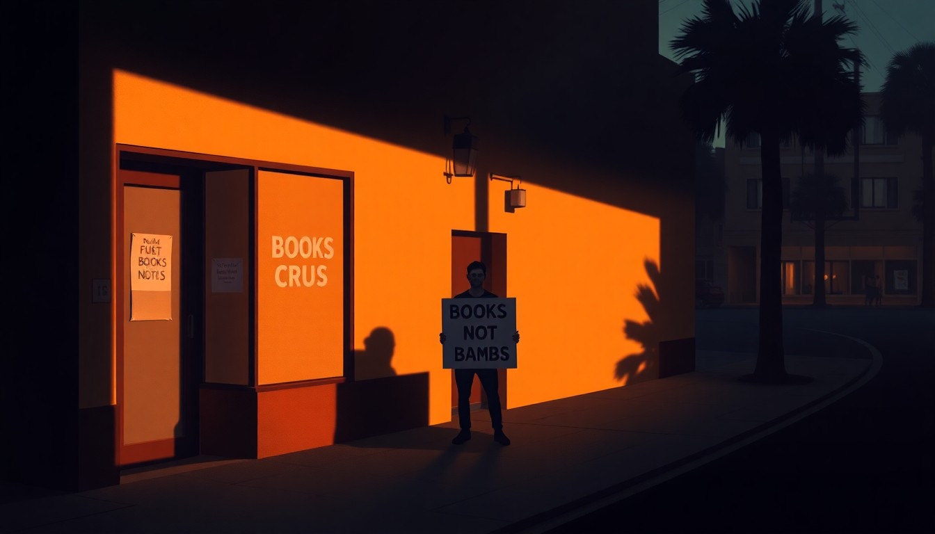 A detailed oil painting depicting a lone protester holding a sign in front of a post office building, the scene bathed in warm, dramatic lighting and shadows that evoke a sense of quiet contemplation about the role of government and civic engagement.