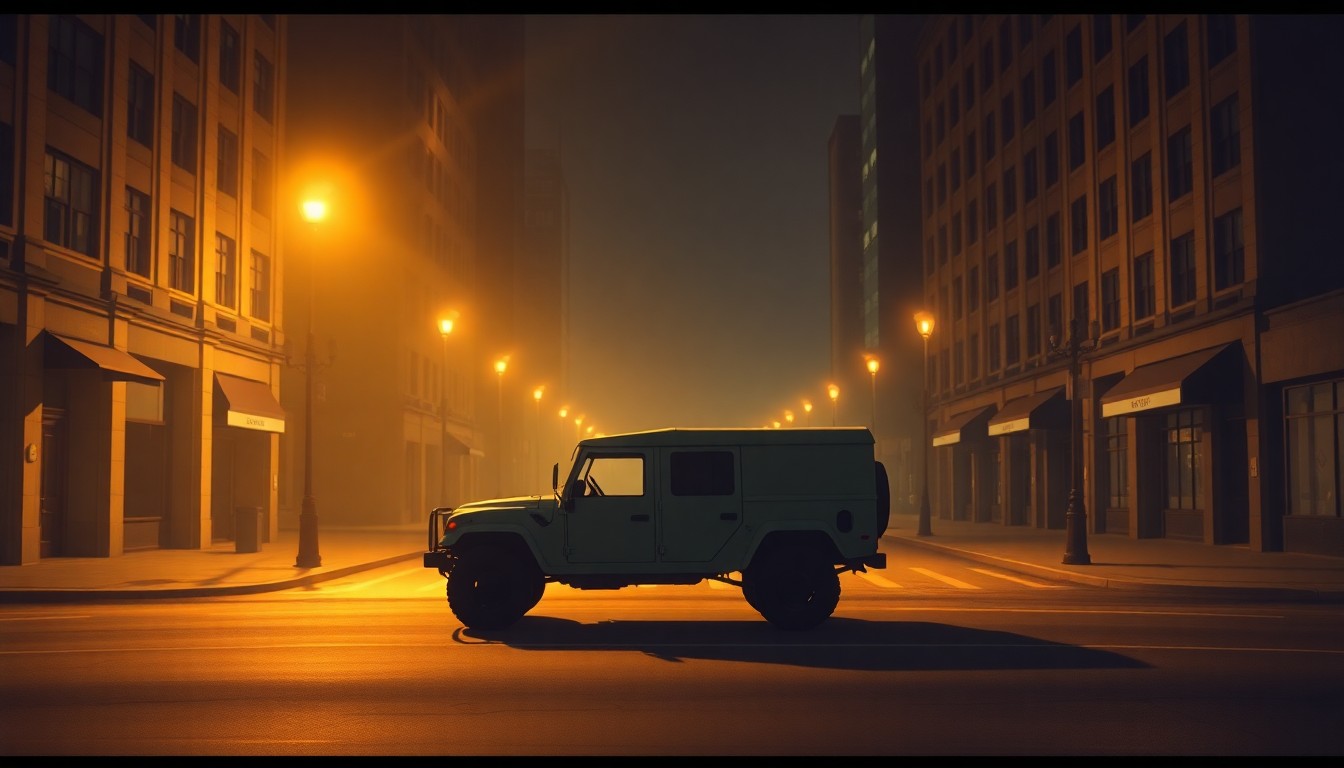 A cinematic painting of a solitary military vehicle sitting on an empty city street, the vehicle bathed in warm, diagonal sunlight and deep shadows, capturing the somber mood and uncertainty of the escalating conflict.