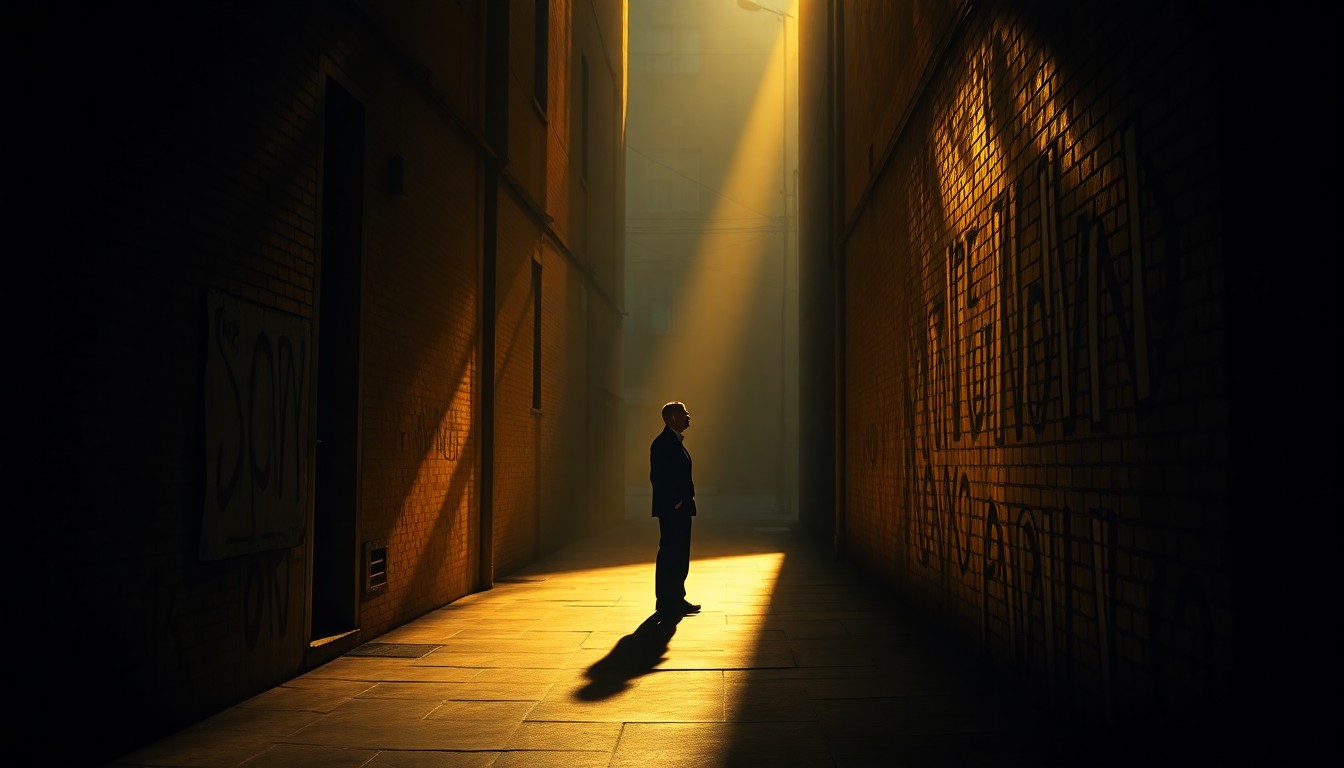 A lone figure stands in a shadowy urban alleyway, the warm light casting dramatic shadows and highlighting the thoughtful, determined expression on their face, conveying the quiet strength of a progressive political campaign.